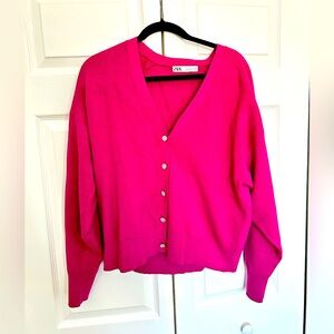 Bright Pink Cardigan with CZ Detail Buttons - Zara - L